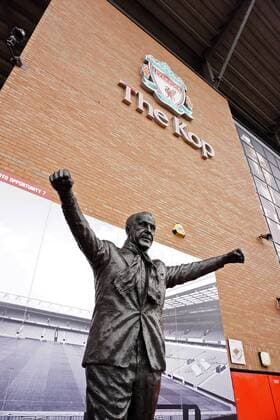 19 02 2019 Football UEFA Champions League 2018 2019 Round of 16 FC Liverpool FC Bayern Munich Anfield Stadium in Liverpool England The stadium in the exterior view Statue of the Legendary Ex Coach of Liverpool Bill Shankly in front of the stand The KOP DFL and DFB regulations prohibit any use of photographs as image sequences and or quasi video