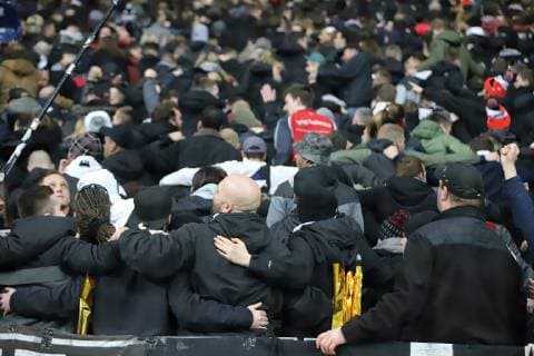 07 03 2019 GER Frankfurt am Main Commerzbankarena Europa League Round of sixteen Eintracht Frankfurt v Inter Milan Football Club Internazionale Milano The fans Ultras from the curve start with their back to the pitch with their songs emspor DFL regulations prohibit any use of photographs as image sequences and or quasi video
