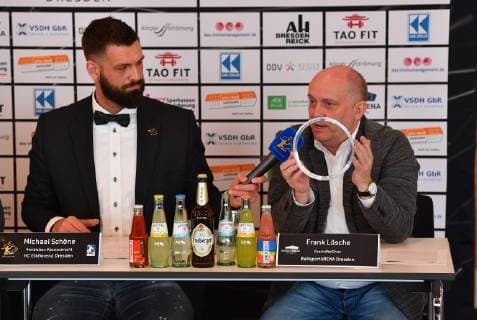 from right Frank Lösche shows one of the bottom covers next to Michael Schöne press conference because of the judgement after the game was abandoned HC Elbflorenz Dresden v Handball 2 League of Men 2 Bundesliga Season 2018 2019 Dresden BallsportARENA Dresden