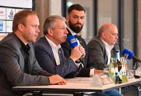 from left Manager Karsten Wöhler President Uwe Saegeling Michael Schöne Frank Lösche Press conference because of the verdict after the game was abandoned HC Elbflorenz Dresden v Handball 2 League of Men 2 Bundesliga Season 2018 2019 Dresden BallsportARENA Dresden