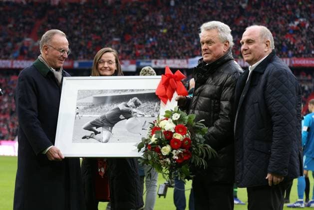 l r Chairman Karl Heinz Rummenigge FC Bayern Muenchen congratulates goalkeeper legend Sepp Maier on his 70th birthday President Uli Hoeness FC Bayern Muenchen FC Bayern Muenchen vs VfL Wolfsburg Soccer 1 Bundesliga 09 03 2019 DFB regulations prohibit any use of photographs as image sequences and or quasi video Muenchen Bayern Germany Copyright: xkolbert-press ChristianxKolbertx