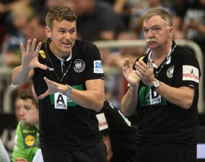 Handball international match in Düsseldorf Germany Switzerland 09 03 2019 national coach national coach Christian Prokop Deut on the sidelines Re Prof Dr Steuer HM
