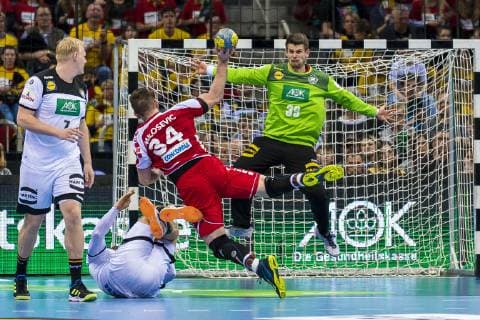 Düsseldorf Germany 09 March 2019 Handball DHB Men International 18 19 Germany vs Switzerland Alen Milosevic Switzerland at the throw Goalkeeper Christopher Rudeck Germany Bergischer HC Düsseldorf ISS Dome Nordrhein Westfalen Germany