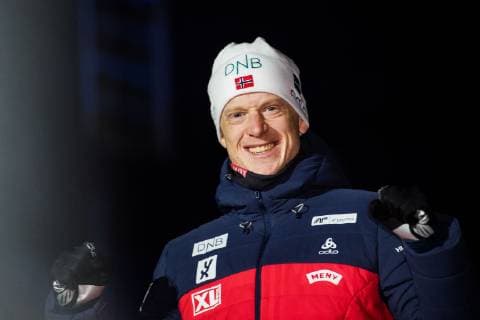 190309 Johannes Thingnes Bö of Norway celebrates his first place at the medal ceremony for the Men s 10 KM sprint during the IBU World Championships Biathlon on March 9 2019 in Östersund Photo Petter Arvidson BILDBYRAN kod PA 92253,  Copyright: PETTERxARVIDSON BB190309PA229