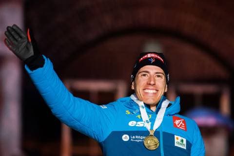 190309 Fillon Maillet of France celebrates his third place at the medal ceremony for the Men s 10 KM sprint during the IBU World Championships Biathlon on March 9 2019 in Östersund Photo Petter Arvidson BILDBYRAN kod PA 92253,  Copyright: PETTERxARVIDSON BB190309PA230