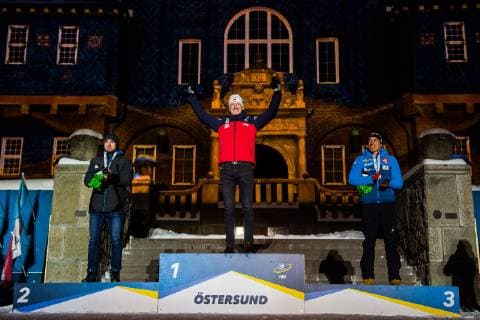 190309 Alexander Loginov of Russia Johannes Thingnes Bö of Norway and Quentin Fillon Maillet of France celebrates at the podium at the medal ceremony for the Men s 10 KM sprint during the IBU World Championships Biathlon on March 9 2019 in Östersund Photo Petter Arvidson BILDBYRAN kod PA 92253,  Copyright: PETTERxARVIDSON BB190309PA233
