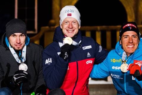190309 lexander Loginov of Russia Johannes Thingnes Bö of Norway and Quentin Fillon Maillet of France celebrates with their medals at the medal ceremony for the Men s 10 KM sprint during the IBU World Championships Biathlon on March 9 2019 in Östersund Photo Petter Arvidson BILDBYRAN kod PA 92253,  Copyright: PETTERxARVIDSON BB190309PA244