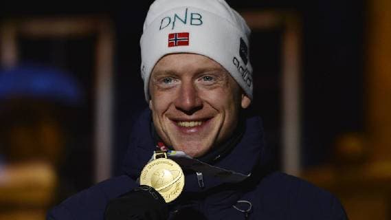 Biathlon World Championships in Östersund Sweden Mens sprint award ceremony on 09 03 2019 Johannes Thingnes Boe Norway with gold medal at Medals Ceremony after mens sprint race during Biathlon World Championships in Östersund Sweden 09 03 2019 Östersund Jämtland Sweden Medals Plaza