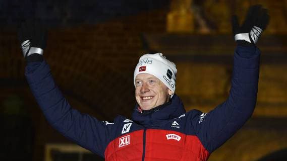 Biathlon World Championship in Östersund Sweden Mens sprint award ceremony on 09 03 2019 Johannes Thingnes Boe Norway at the Medals Ceremony after the mens sprint race during the Biathlon World Championships in Östersund Sweden 09 03 2019 Östersund Jämtland Sweden Medals Plaza