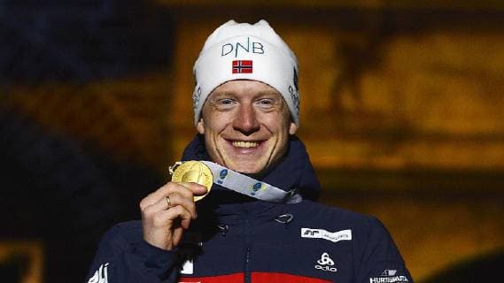 Biathlon World Championships in Östersund Sweden Mens sprint award ceremony on 09 03 2019 Johannes Thingnes Boe Norway with gold medal at Medals Ceremony after mens sprint race during Biathlon World Championships in Östersund Sweden 09 03 2019 Östersund Jämtland Sweden Medals Plaza