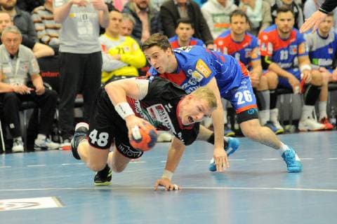 Julian Possehl HSG Nordhorn Lingen 48 against Lukas Saueressig HBW Balingen Weilstetten 26 Handball Men DKB 2 Bundesliga 09 03 2019 Photo TBaur Eibner HBW Balingen Weilstetten vs HSG Nordhorn Lingen Balingen Copyright: xEIBNER TobiasxBaurx EP_TBR