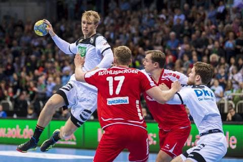 Düsseldorf Germany 09 March 2019 Handball DHB Men Laenderspiel 18 19 Germany vs Switzerland v li Marian Michalczik Germany GWD Minden Samuel Röthlisberger Roethlisberger Switzerland TVB Stuttgart Johannes Golla Germany SG Flensburg Handewitt Düsseldorf ISS Dome North Rhine-Westphalia Germany