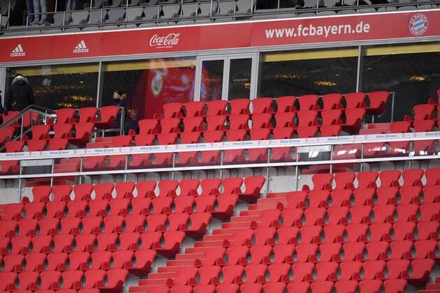 09 03 2019 Football 1 Bundesliga 2018 2019 25 Matchday FC Bayern Munich VfL Wolfsburg in the Allianz Arena Munich Empty seats on the main grandstand DFL and DFB regulations prohibit any use of photographs as image sequences and or quasi video