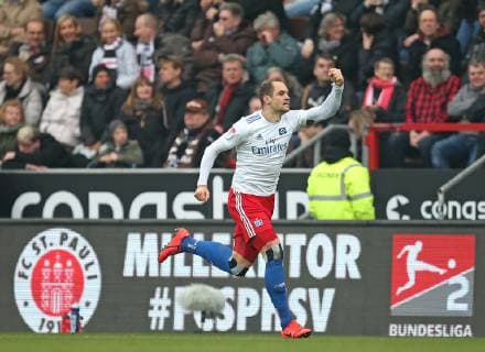 10 03 2019 Football 2 Bundesliga 2018 2019 25 Matchday FC St Pauli Hamburger SV at Millerntor Stadion Hamburg Jubilee Goalscorer Pierre Michel Lasogga Hamburg to goal 0 1 DFL and DFB regulations prohibit any use of photographs as image sequences and or quasi video