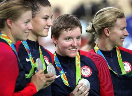 23-year old Olympic track cyclist KELLY CATLIN died of an apparent suicide on Friday in California. PICTURED: August 13, 2016 - Rio De Janeiro, Brazil - (L-R) U.S. cyclists SARAH HAMMER, CHLOE DYGERT, KELLY CATLIN and JENNIFER VALENTE on the podium after winning a silver medal in Women s Cycling Team Pursuit, at the Rio Olympic Velodrome, during the 2016 Summer Olympics. Kelly Catlin 1995-2019 Olympic Cyclist - ZUMAm67_ 20160813_mda_m67_022 Copyright: xBrianxPetersonx