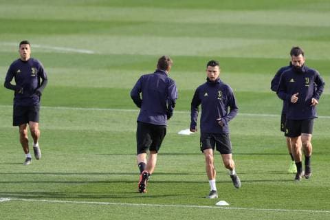 Cristiano Ronaldo and Rafaele Alcibiade of Juventus during the training session at the Juventus Training centre, Turin, Italy. Picture date 11th March 2019. Picture credit should read: Jonathan Moscrop Sportimage EDITORIAL USE ONLY. No use with unauthorised audio, video, data, fixture lists, club league logos or live services. Online in-match use limited to 120 images, no video emulation. No use in betting, games or single club league player publications. YODA6721.JPG