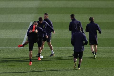 Leonardo Bonucci, Daniele Rugani and Cristiano Ronaldo of Juventus during the training session at the Juventus Training centre, Turin, Italy. Picture date 11th March 2019. Picture credit should read: Jonathan Moscrop Sportimage EDITORIAL USE ONLY. No use with unauthorised audio, video, data, fixture lists, club league logos or live services. Online in-match use limited to 120 images, no video emulation. No use in betting, games or single club league player publications. YODA6721.JPG