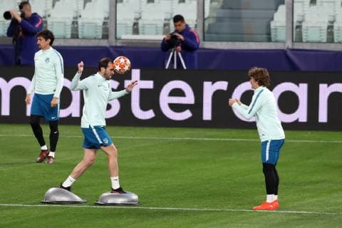 Diego Godin and Antoine Griezmann of Atletico Madrid during the training session at the Allianz Stadium, Turin, Italy. Picture date 11th March 2019. Picture credit should read: Jonathan Moscrop Sportimage EDITORIAL USE ONLY. No use with unauthorised audio, video, data, fixture lists, club league logos or live services. Online in-match use limited to 120 images, no video emulation. No use in betting, games or single club league player publications. YODA7558.JPG
