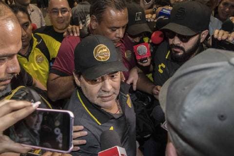 March 11 2019 EUM20190311DEP13 JPG MEXICO CITY Soccer Soccer Diego Maradona March 11, 2019 Diego Armando Maradona technical director of the Dorados de Sinaloa team accompanied by their players on their arrival at the Airport in the City of Sinaloa. Mexico facing the meeting that will be held this Wednesday with the Pumas of the UNAM at the University Olympic Stadium corresponding to quarterfinals of the MX Cup Photo Agency THE UNIVERSAL Yadin Xolalpa RCC Latin News March 11 2019  - ZUMAu78_ 20190311_zaf_u78_089 Copyright: xYadinxXolalpax