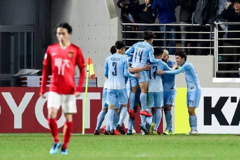 DAEGU, SOUTH KOREA - MARCH 12: Edgar 9 of Daegu celebrates a point with teammates during the AFC Champions League Group F match between Daegu and Guangzhou Evergrande at Forest Arena on March 12, 2019 in Daegu, South Korea.  Copyright: xVCGx CFP111199904156 