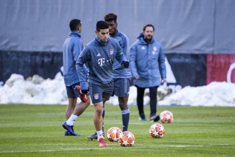 12 03 2019 xkvx Soccer UEFA Champions League FC Bayern Munich FC Liverpool Press conference and training emspor v l James Rodriguez FCB FC Bayern Munich DFL DFB REGULATIONS PROHIBIT ANY USE OF PHOTOGRAPHS as IMAGE SEQUENCES and or QUASI VIDEO Munich