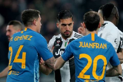 Turin Italy 12 03 2019 UEFA Champions League 2018 19 Season Round of 16 Second Leg Juventus Club de Atletico Madrid Jose Maria Gimenez ATL Emre Can JUV and Juanfran ATL DeFodi541