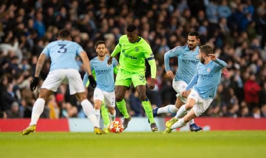 Manchester City v FC Schalke 04 UEFA Champions League Breel Embolo of Schalke is surrounded by Manchester City players during the UEFA Champions League match at the Etihad Stadium, Manchester Content Not Available For UK Newspapers Copyright: xRussellxHartx FIL-12984-0006