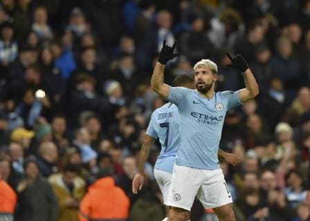 Manchester United Kingdom 12 03 2019 UEFA Champions League 2018 19 Season Round of 16 Second Leg Manchester City FC Schalke 04 Sergio Aguero Manchester City celebrates after scoring his second goal DeFodi056