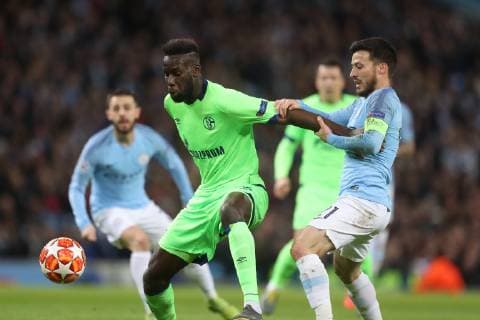 12 03 2019 Soccer Season 2018 2019 Champions League Round of 16 Manchester City FC Schalke 04 v l Salif Sane FC Schalke 04 David Silva Manchester City David Silva Manchester City Manchester Etihad Stadium Germany