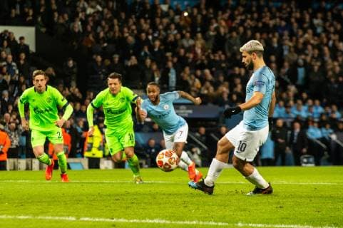 Manchester City v FC Schalke 04 UEFA Champions League Sergio Aguero of Manchester City scores a penalty kick for his sides first goal of the game during the UEFA Champions League match at the Etihad Stadium, Manchester Content Not Available For UK Newspapers Copyright: xMattxWilkinsonx FIL-12983-0016