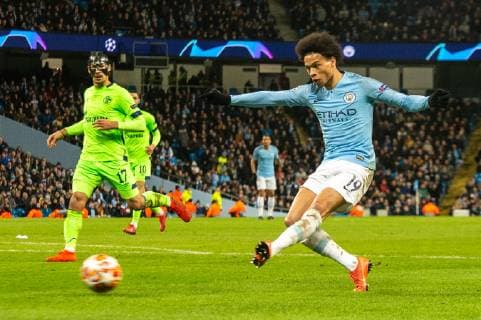 Manchester City v FC Schalke 04 UEFA Champions League Leroy Sane of Manchester City strikes his sides third goal during the UEFA Champions League match at the Etihad Stadium, Manchester Content Not Available For UK Newspapers Copyright: xMattxWilkinsonx FIL-12983-0023