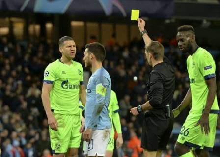 Manchester United Kingdom 12 03 2019 UEFA Champions League 2018 19 Season Round of 16 Second Leg Manchester City FC Schalke 04 Jeffrey Bruma FC Schalke 04 gets a yellow card DeFodi056