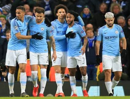 12th March 2019, Etihad Stadium, Manchester, England; UEFA Champions League football, round of 16, 2nd leg, Manchester City versus FC Schalke; Leroy Sane of Manchester City celebrates with his team mates after scoring after 42 minutes to give his side a 3-0 lead  ActionPlus12114068 DavidxBlunsden