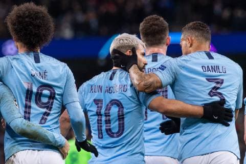 Manchester City v FC Schalke 04 UEFA Champions League Sergio Aguero of Manchester City is congratulated by Danilo of Manchester City after scoring his sides first goal during the UEFA Champions League match at the Etihad Stadium, Manchester Content Not Available For UK Newspapers Copyright: xMattxWilkinsonx FIL-12983-0028