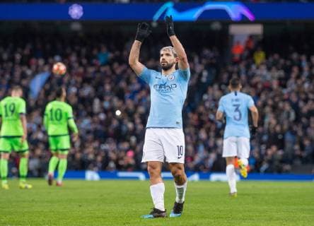 Manchester City v FC Schalke 04 UEFA Champions League Sergio Aguero of Manchester City celebrates after scoring his sides first goal during the UEFA Champions League match at the Etihad Stadium, Manchester Content Not Available For UK Newspapers Copyright: xMattxWilkinsonx FIL-12983-0030
