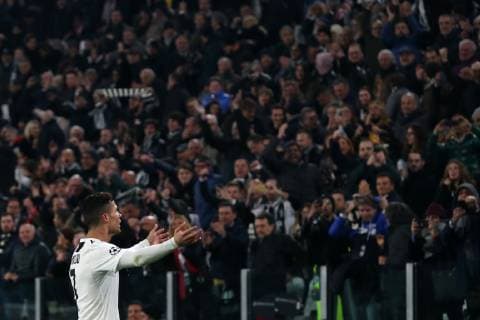 Cristiano Ronaldo of Juventus celebrates after scoring the second goal during the UEFA Champions League Round of 16 match at the Allianz Stadium, Turin, Italy. Picture date 12th March 2019. Picture credit should read: Jonathan Moscrop Sportimage EDITORIAL USE ONLY. No use with unauthorised audio, video, data, fixture lists, club league logos or live services. Online in-match use limited to 120 images, no video emulation. No use in betting, games or single club league player publications. YODA0068.JPG