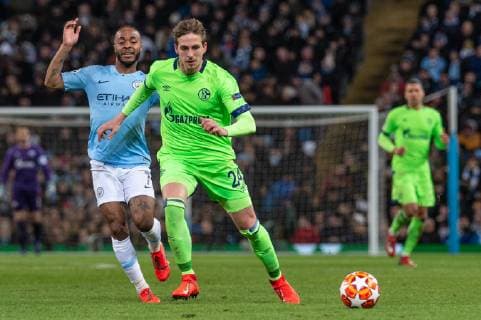 Manchester City v FC Schalke 04 UEFA Champions League Bastian Oczipka of FC Schalke 04 pushes forward ahead of Raheem Sterling of Manchester City during the UEFA Champions League match at the Etihad Stadium, Manchester Content Not Available For UK Newspapers Copyright: xMattxWilkinsonx FIL-12983-0033