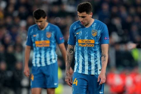 Turin Italy 12 03 2019 UEFA Champions League 2018 19 Season Round of 16 Second Leg Juventus Club de Atletico Madrid Rodri ATL and Jose Maria Gimenez ATL disappoint DeFodi541