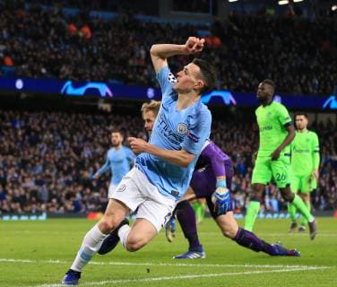 12th March 2019, Etihad Stadium, Manchester, England; UEFA Champions League football, round of 16, 2nd leg, Manchester City versus FC Schalke; Phil Foden of Manchester City celebrates scoring his first Champions League goal after 78 minutes for 6-0  ActionPlus12114080 DavidxBlunsden
