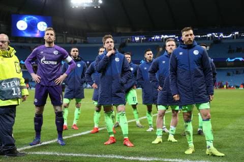 12 03 2019 Football Season 2018 2019 Champions League Round of 16 Manchester City FC Schalke 04 v l Ralf Fährmann FC Schalke 04 Bastian Oczipka FC Schalke 04 Guido Burgstaller FC Schalke 04 Manchester Etihad Stadium Germany