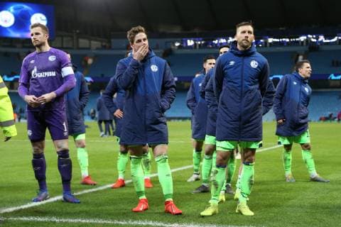 12 03 2019 Football Season 2018 2019 Champions League Round of 16 Manchester City FC Schalke 04 v l Ralf Fährmann FC Schalke 04 Bastian Oczipka FC Schalke 04 Guido Burgstaller FC Schalke 04 Manchester Etihad Stadium Germany