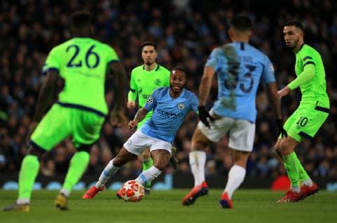 12th March 2019, Etihad Stadium, Manchester, England; UEFA Champions League football, round of 16, 2nd leg, Manchester City versus FC Schalke; Raheem Sterling of Manchester City threads a pass through the Schalke defence  ActionPlus12114093 DavidxBlunsden