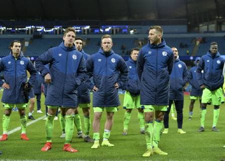 Manchester United Kingdom 12 03 2019 UEFA Champions League 2018 19 Season Round of 16 Second Leg Manchester City FC Schalke 04 FC Schalke 04 players looks dejected DeFodi056