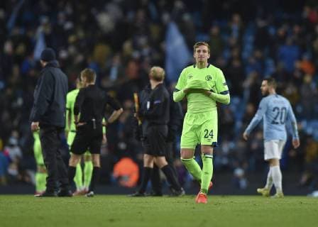 Manchester United Kingdom 12 03 2019 UEFA Champions League 2018 19 Season Round of 16 Second Leg Manchester City FC Schalke 04 Bastian Oczipka FC Schalke 04 looks dejected DeFodi056