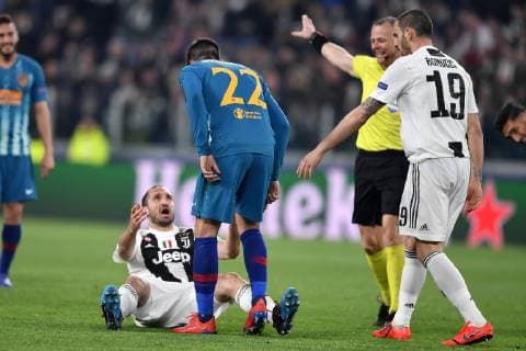 Alvaro Morata of Atletico Madrid argues with Giorgio Chiellini of Juventus during the Uefa Champions League 2018 2019 round of 16 second leg football match between Juventus and Atletico Madrid at Juventus stadium, Turin, March, 12, 2019 Foto Andrea Staccioli Insidefoto andreaxstaccioli
