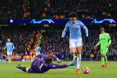 12th March 2019, Etihad Stadium, Manchester, England; UEFA Champions League football, round of 16, 2nd leg, Manchester City versus FC Schalke; Leroy Sane of Manchester City takes the ball around FC Schalke 04 goalkeeper Ralf Fahrmann to score but his goal is ruled out for offside  ActionPlus12114122 DavidxBlunsden