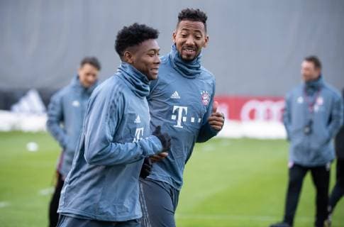 (190313) -- MUNICH, March 13, 2019 (Xinhua) -- Bayern Munich s Jerome Boateng (front R) talks with David Alaba during a training session for the upcoming UEFA Champions League Round of 16 second leg match between FC Bayern Munich and Liverpool FC in Munich, Germany, on March 12, 2019. (Xinhua Kevin Voigt) (SP)GERMANY-MUNICH-SOCCER-UEFA CHAMPIONS LEAGUE-BAYERN MUNICH VS LIVERPOOL-TRAINING SESSION 