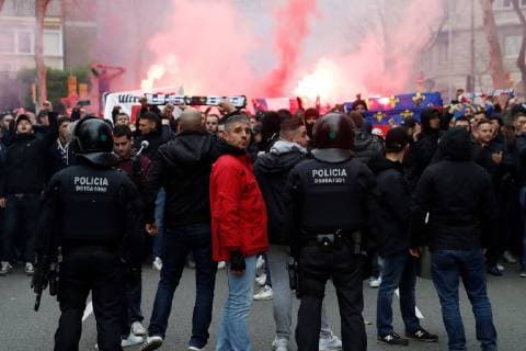 Olympique Lyon soccer fans gather prior to the UEFA Champions League round of 16 second leg match between FC Barcelona Barca and Olympique Lyon, in Barcelona, Spain, 13 March 2019. Olympique Lyon soccer fans in Barcelona !ACHTUNG: NUR REDAKTIONELLE NUTZUNG!  Copyright: xTonixAlbirx GRAF3706 20190313-636881037208901804