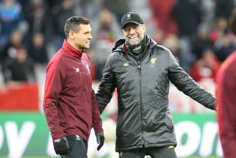 l r Dejan Lovren 6 Liverpool FC head coach Juergen Klopp Liverpool FC in a good mood laughing FC Bayern Munich vs. Liverpool FC Champions League Round of 16 13 03 2019 Munich Bayern Germany Copyright: xkolbert-press ChristianxKolbertx