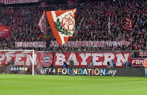 13 03 2019 Football UEFA Champions League 2018 2019 Round of sixteen second leg FC Bayern Munich FC Liverpool at Allianz Arena Munich The fans in the south curve have a clear opinion Gossipboards destroy fan culture DFL and DFB regulations prohibit any use of photographs as image sequences and or quasi video